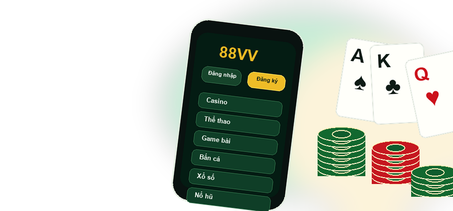 Ứng dụng 88VV với điện thoại, chip poker và bài